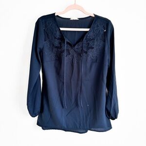 Adiva Navy Blue Sheer Floral Panel Relaxed Fit Blouse Top sz Small